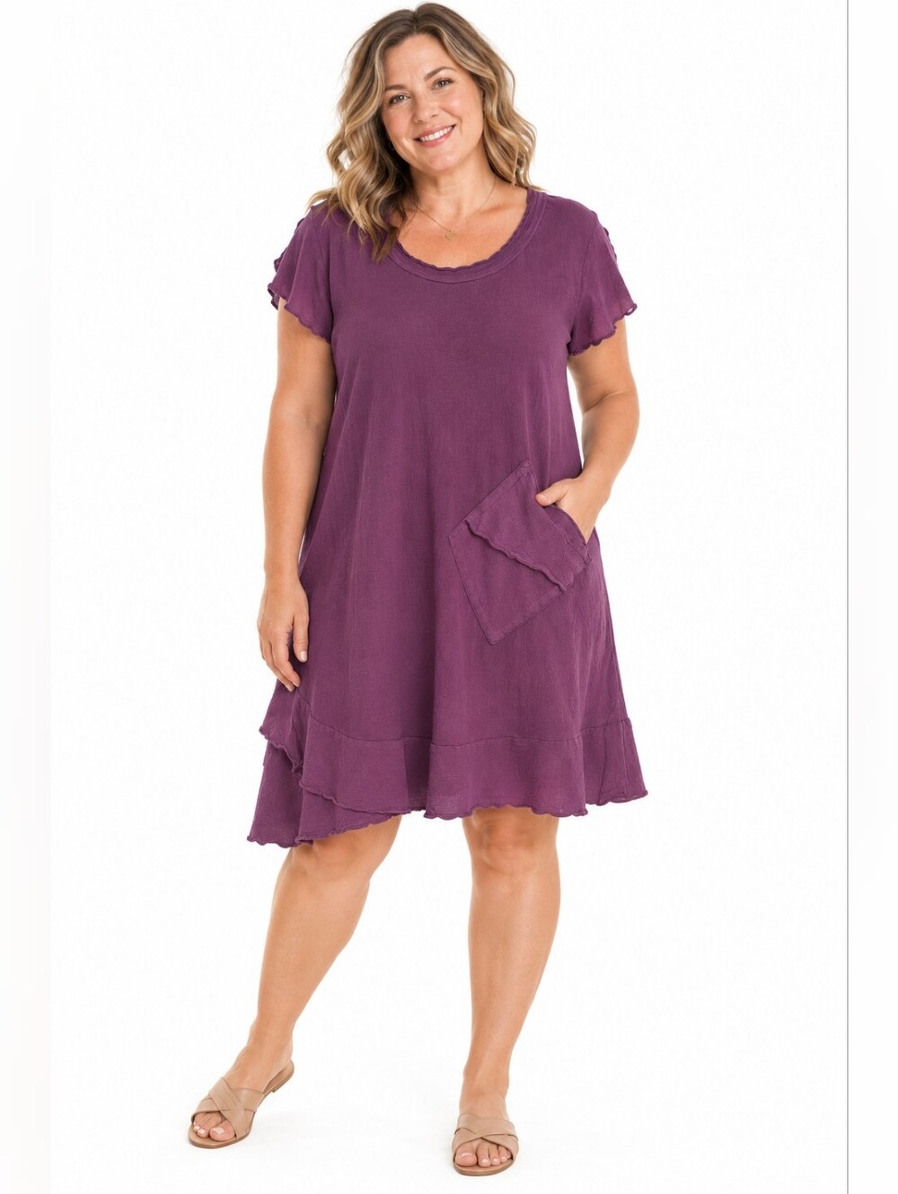 Oh My Gauze Size 2 L XL Purple Cotton Gauze Lagenlook Pocket Dress 100% cotton